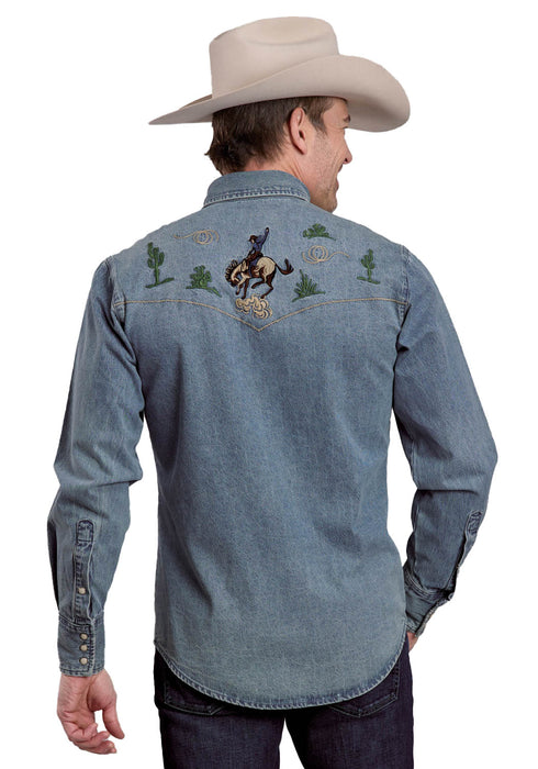 Roper Mens Bronco Rider in Desert Blue 100% Cotton L/S Shirt