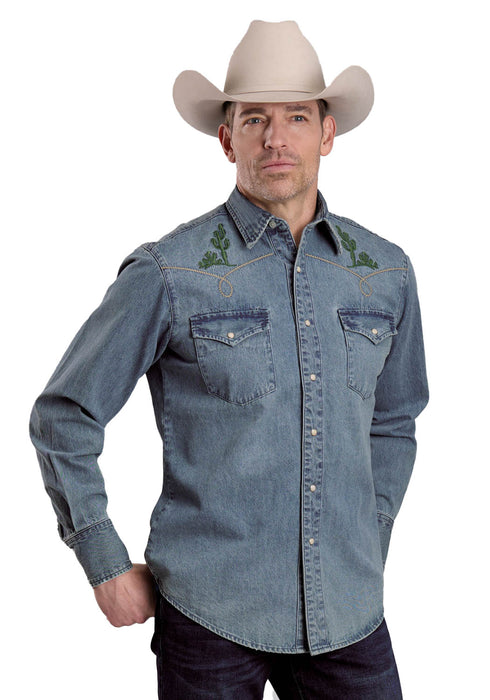 Roper Mens Bronco Rider in Desert Blue 100% Cotton L/S Shirt