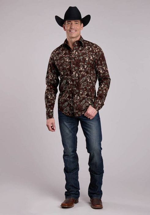 Roper Mens Brilliant Paisley Brown 100% Cotton L/S Shirt