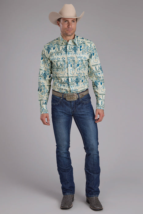 Roper Mens Tropical Resort Print Tan/Blue 100% Cotton L/S Shirt