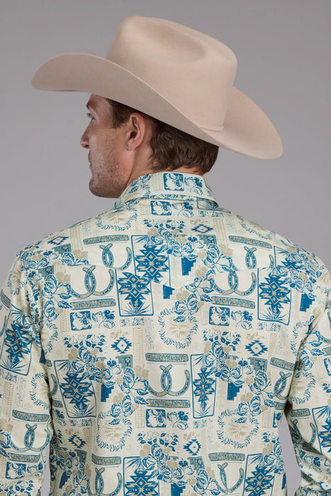 Roper Mens Tropical Resort Print Tan/Blue 100% Cotton L/S Shirt