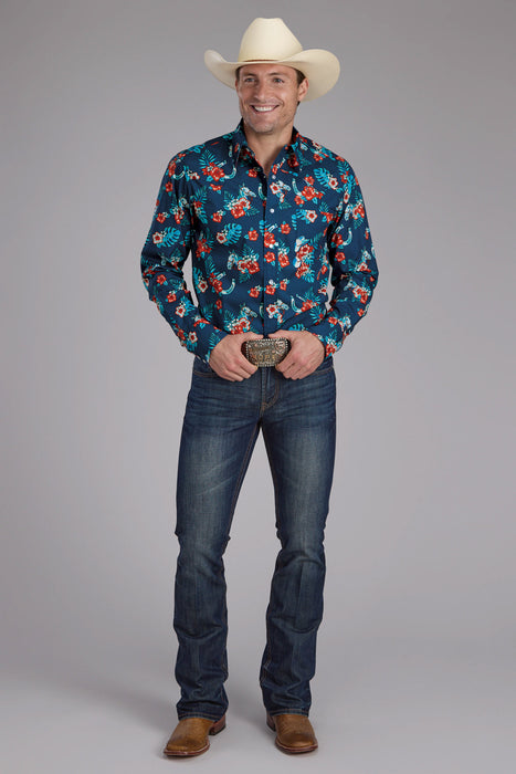 Roper Mens 2354 Hawaiian Print Blue 100% Cotton L/S Shirt