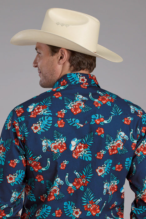 Roper Mens 2354 Hawaiian Print Blue 100% Cotton L/S Shirt