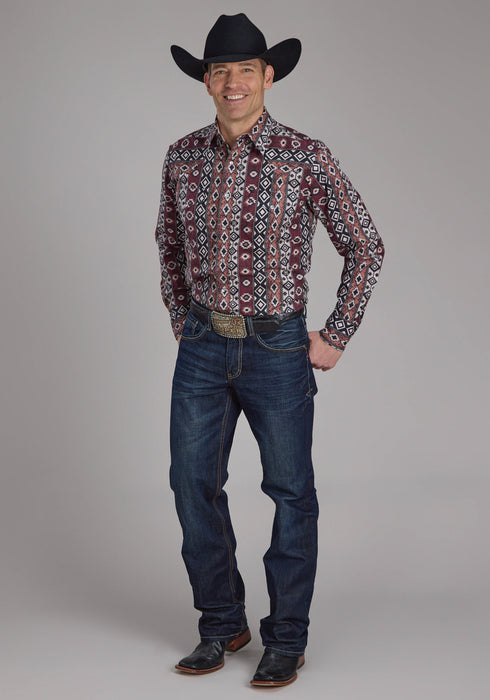 Roper Mens 2178 Winter Aztec Burgundy 100% Cotton L/S Shirt