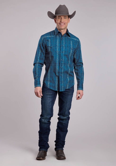 Roper Mens Diamond Navajo Print Blue 100% Cotton L/S Shirt