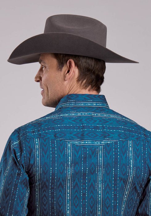Roper Mens Diamond Navajo Print Blue 100% Cotton L/S Shirt