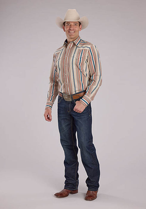 Roper Mens Southwest Vertical Stripe Tan/Cream 100% Cotton L/S Shirt