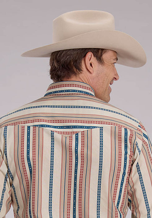 Roper Mens Southwest Vertical Stripe Tan/Cream 100% Cotton L/S Shirt
