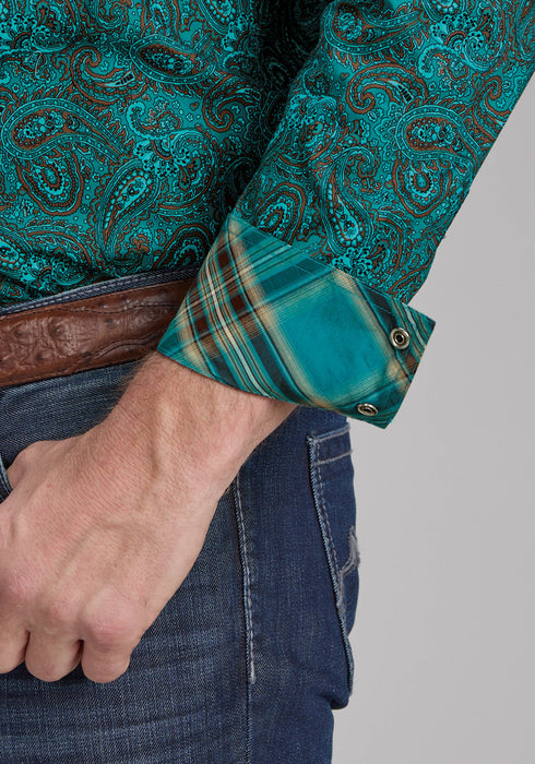 Roper Mens 2238 Mallard Paisley Teal 100% Cotton L/S Shirt