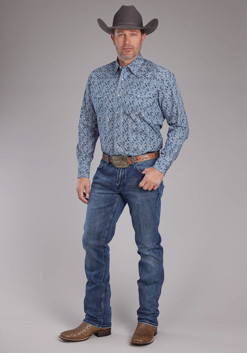 Roper Mens Prairie Paisley Blue 100% Cotton L/S Shirt