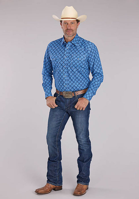 Roper Mens Ribbon Medallion Blue 100% Cotton L/S Shirt