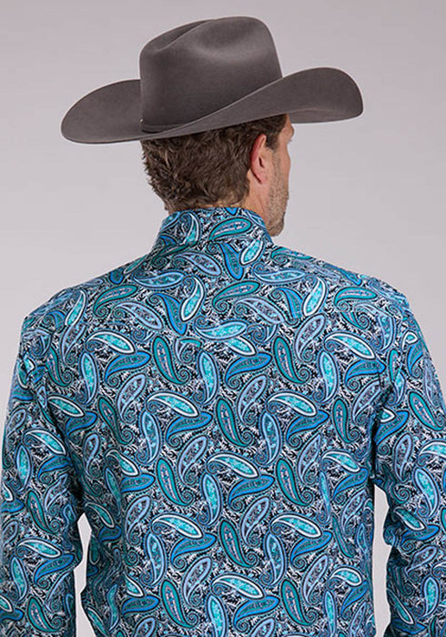 Roper Mens 2502 Sky Paisley Blue 100% Cotton L/S Shirt