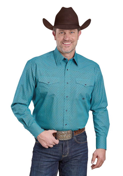 Roper Mens Aztec Diamond Geo Blue 100% Cotton L/S Shirt