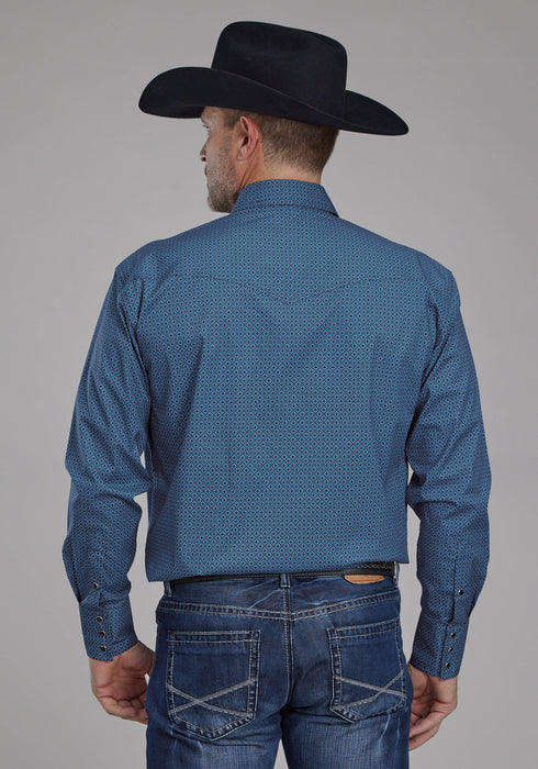 Roper Mens 2163 Diamond Stretch Blue Cotton Blend L/S Shirt