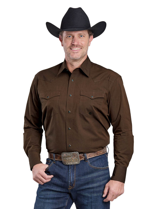 Roper Mens 2592 Solid Poplin Brown 100% Cotton Black Fill L/S Shirt