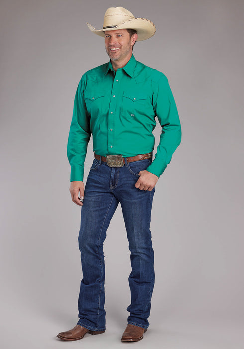 Roper Mens 2388 Poplin Stretch Jade Green Cotton Blend L/S Shirt