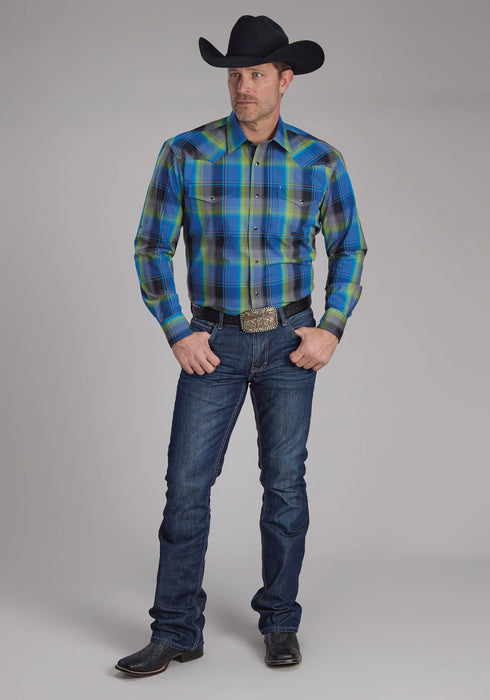 Roper Mens 2247 Cobalt Plaid Blue/Green 100% Cotton L/S Shirt