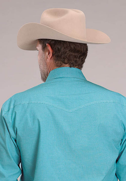 Roper Mens 2510 Stretch Mini Check Turquoise Cotton Blend L/S Shirt