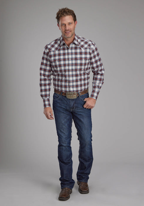 Roper Mens 2164 Stretch Plaid Brown Cotton Blend L/S Shirt