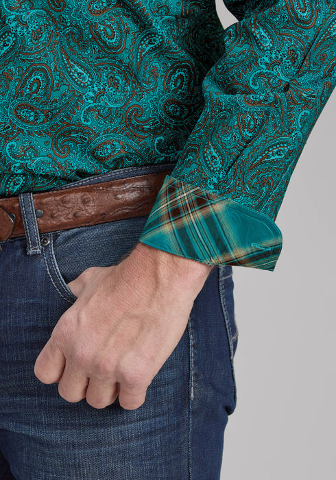 Roper Mens 2238 Mallard Paisley Teal 100% Cotton Btn L/S Shirt