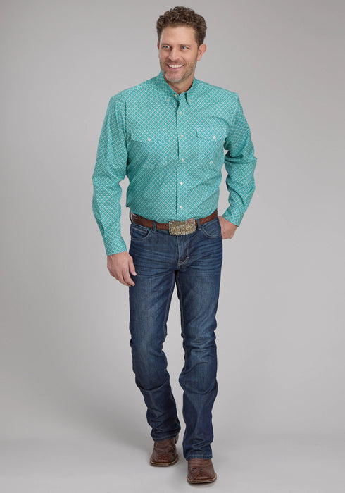 Roper Mens 2250 Four Point Foulard Turquoise Cotton Blend Btn L/S Shirt