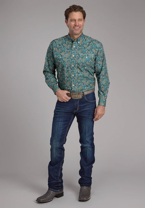 Roper Mens 2382 Dusk Paisley Turquoise 100% Cotton Btn L/S Shirt
