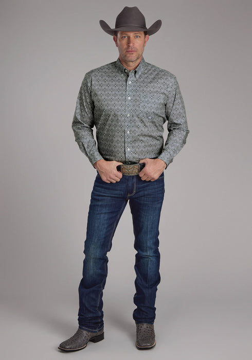 Roper Mens Stretch Medallion Paisley Grey Cotton Blend 1 Pkt L/S Shirt