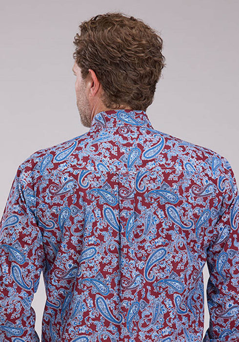 Roper Mens 2496 Heritage Paisley Wine/Blue 100% Cotton 1 Pkt L/S Shirt