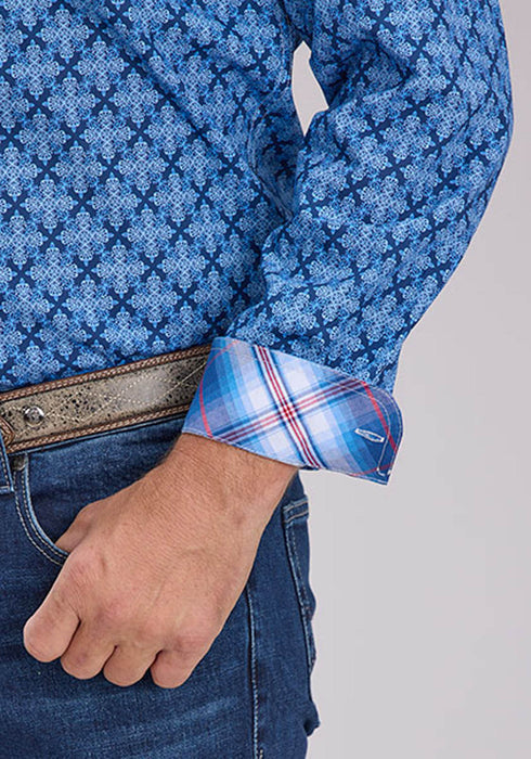 Roper Mens 2497 Ribbon Medallion Blue 100% Cotton 1 Pkt L/S Shirt