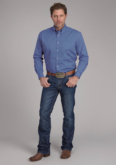 Roper Mens 2388 Solid Poplin Periwinkle Cotton Blend 1 Pkt L/S Shirt
