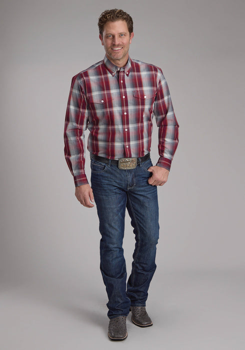 Roper Mens 2248 Plaid Wine/Smoke 100% Cotton Btn L/S Shirt