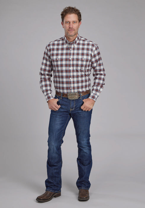 Roper Mens 2164 Stretch Plaid Brown Cotton Blend Btn L/S Shirt