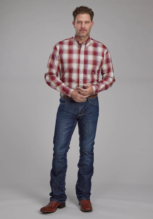 Roper Mens 57 Chevy Plaid Red/White 100% Cotton 1 Pkt L/S Shirt