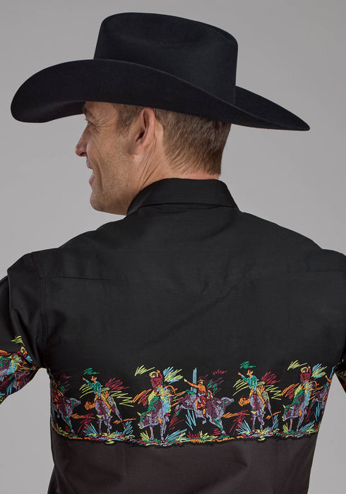 Roper Mens Scribble Bullriders Black 100% Cotton L/S Shirt