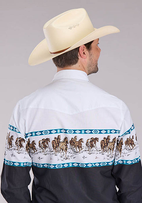 Roper Mens Running Horse Border Black 100% Cotton L/S Shirt