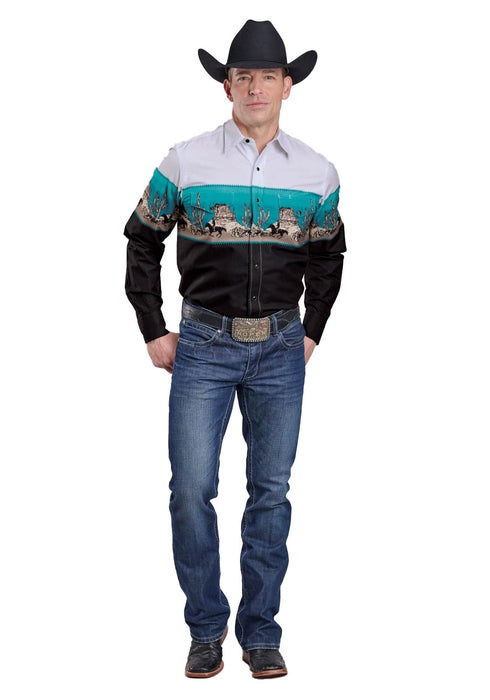 Roper Mens 2625 Scenic Border Black/White 100% Cotton L/S Shirt