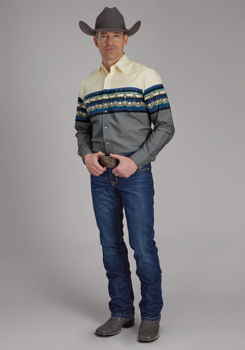 Roper Mens Retro Diamond Border Blue 100% Cotton L/S Shirt