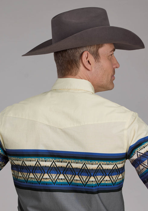 Roper Mens Retro Diamond Border Blue 100% Cotton L/S Shirt