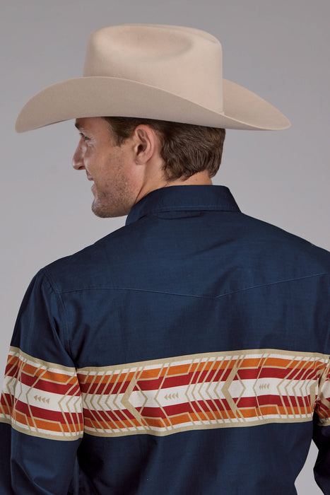 Roper Mens Horizontal Aztec Border Navy 100% Cotton L/S Shirt