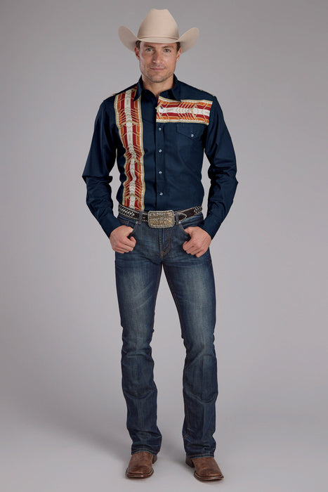 Roper Mens 2136 Aztec Border Blue 100% Cotton L/S Shirt