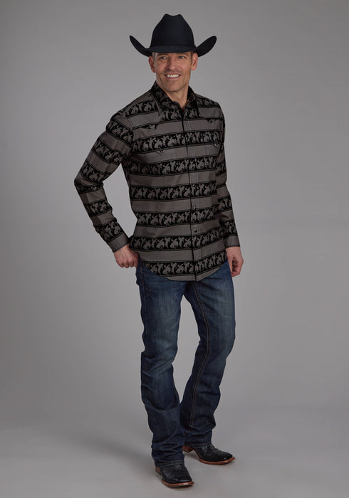 Roper Mens Horizontal Rodeo Stripe Black 100% Cotton L/S Shirt
