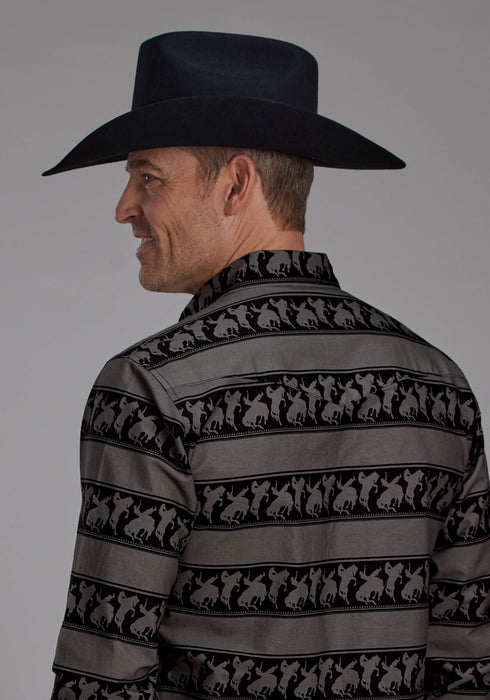 Roper Mens Horizontal Rodeo Stripe Black 100% Cotton L/S Shirt