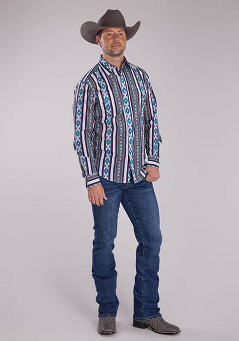 Roper Mens Vertical Retro Stripe Grey 100% Cotton L/S Shirt