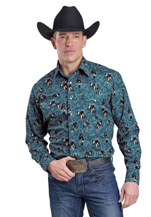 Roper Mens Brushstroke Cowboys Blue 100% Cotton L/S Shirt