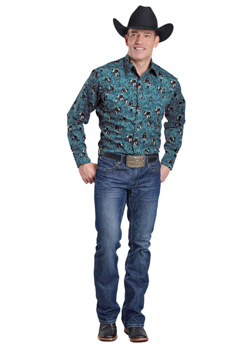 Roper Mens Brushstroke Cowboys Blue 100% Cotton L/S Shirt