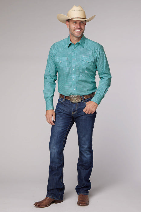 Roper Mens Stretch Neat Teal Cotton Blend Tall L/S Shirt