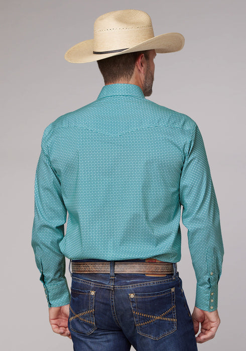 Roper Mens Stretch Neat Teal Cotton Blend Tall L/S Shirt