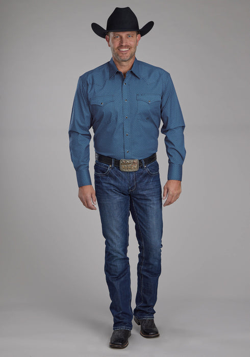 Roper Mens 2163 Diamond Print Blue Cotton Blend Tall L/S Shirt
