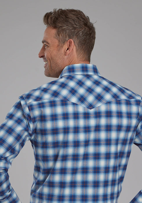 Roper Mens 2164 Stretch Plaid Blue Cotton Blend Tall L/S Shirt