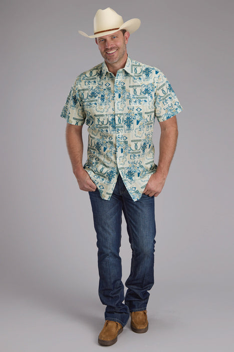 Roper Mens Tropical Resort Print Brown/Blue 100% Cotton S/S Shirt